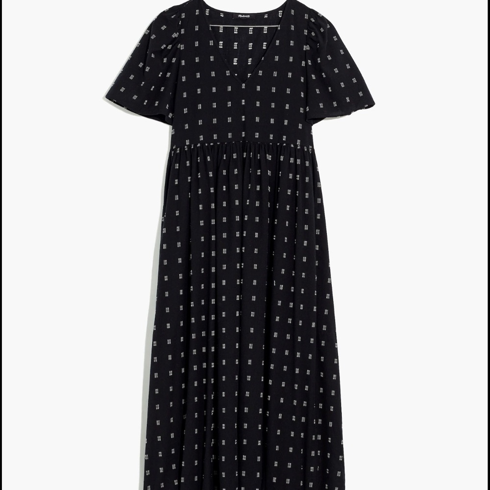 MADEWELL Dobby Puff-Sleeve V-Neck Midi Dress (SMALL)